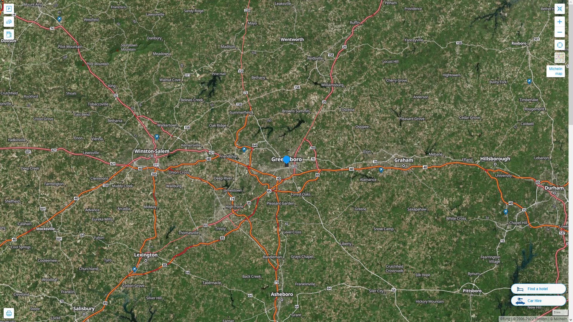 Greensboro North Carolina Highway and Road Map with Satellite View